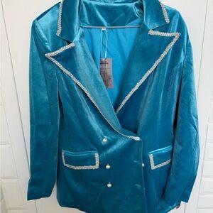 Oyrosy teal Velvet Double-Breasted Blazer with Pearl Buttons